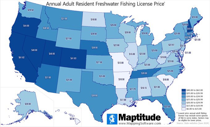 Maptitude map fishing license fee by state