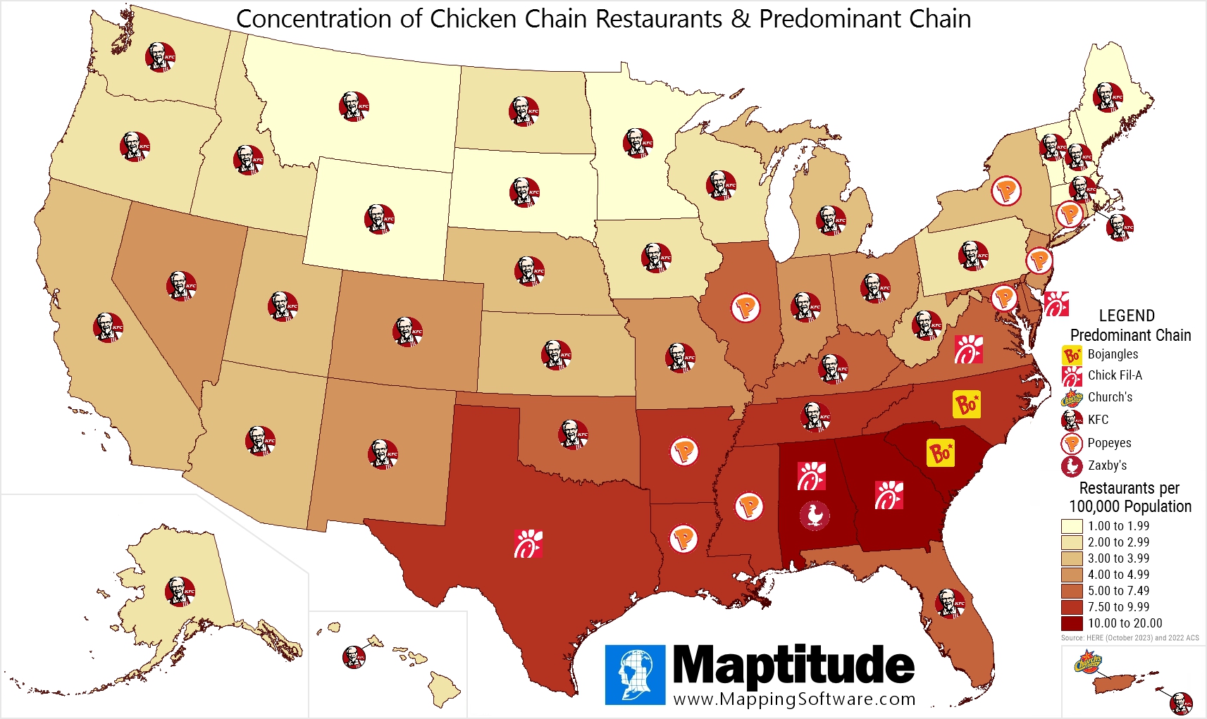 Maptitude mapping software infographic of fried chicken chain restaurants by state and most popular fried chicken chain in each state for July 6 National Fried Chicken Day