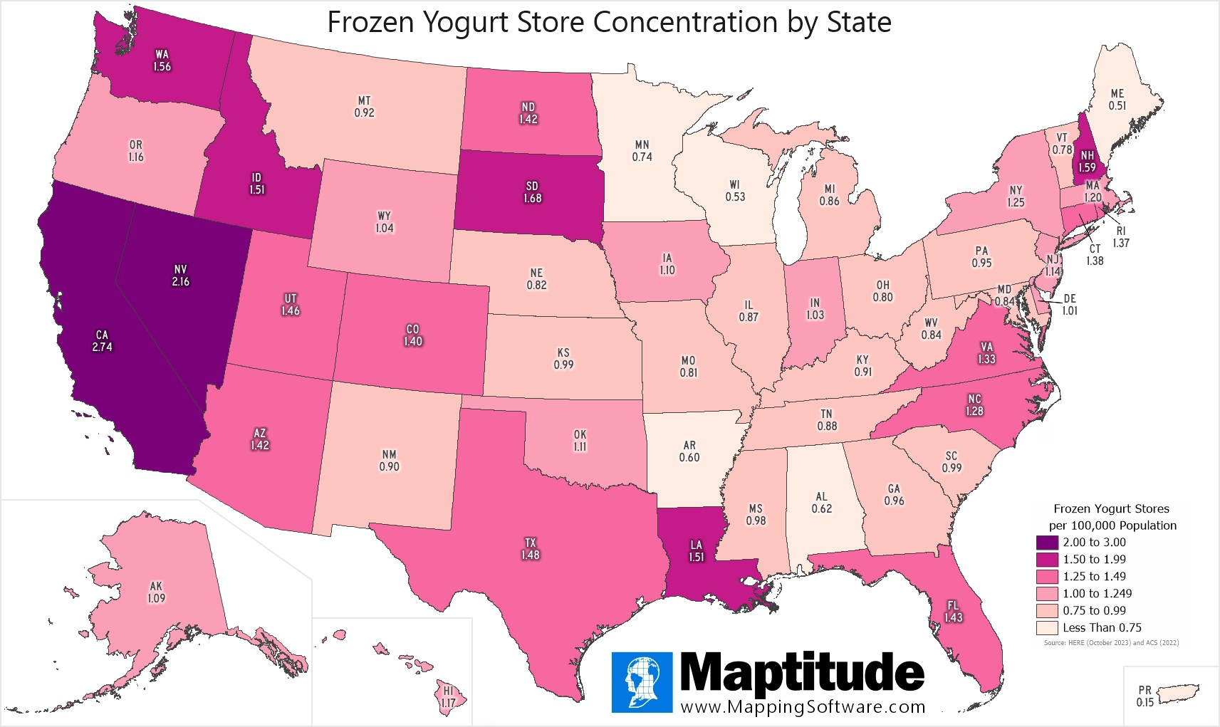 Maptitude mapping software infographic of frozen yogurt stores by state for February 6 National Frozen Yogurt Day