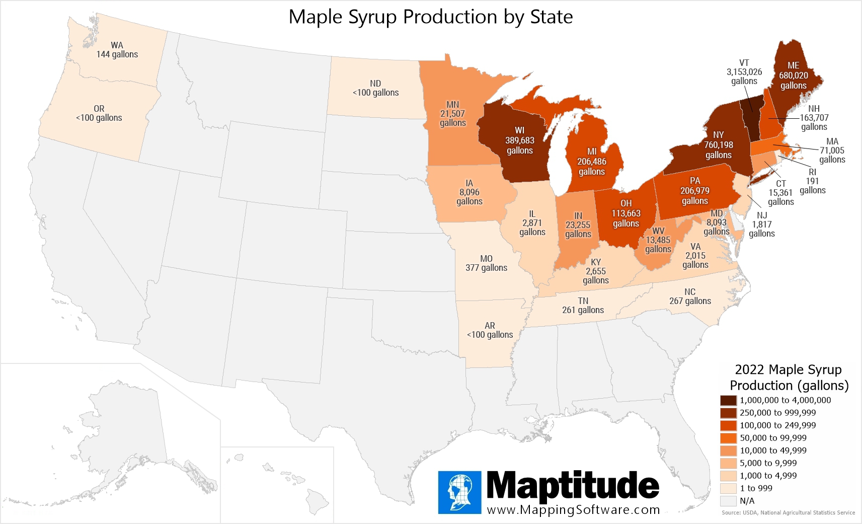 Maptitude mapping software infographic of maple syrup production by state for National Maple Syrup Day