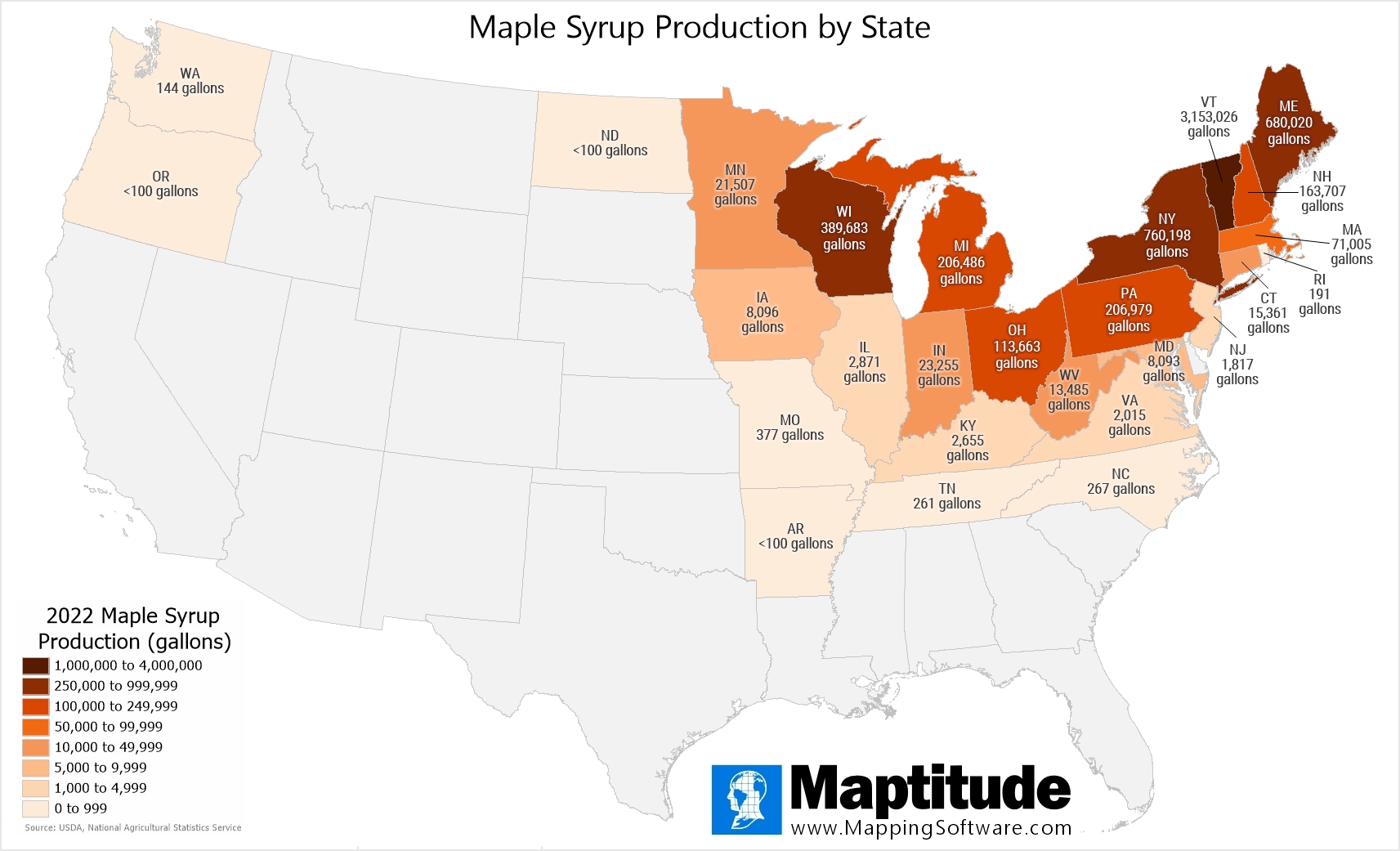 Maptitude mapping software infographic of maple syrup production by state for National Maple Syrup Day