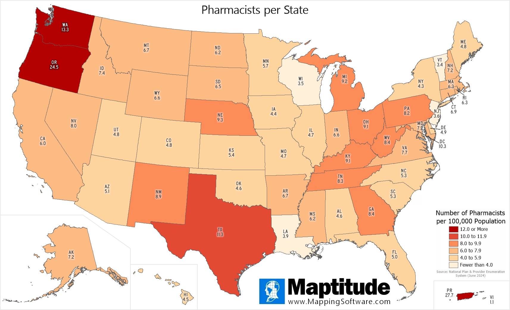 Maptitude mapping software infographic of pharmacists by state for January 12 National Pharmacist Day