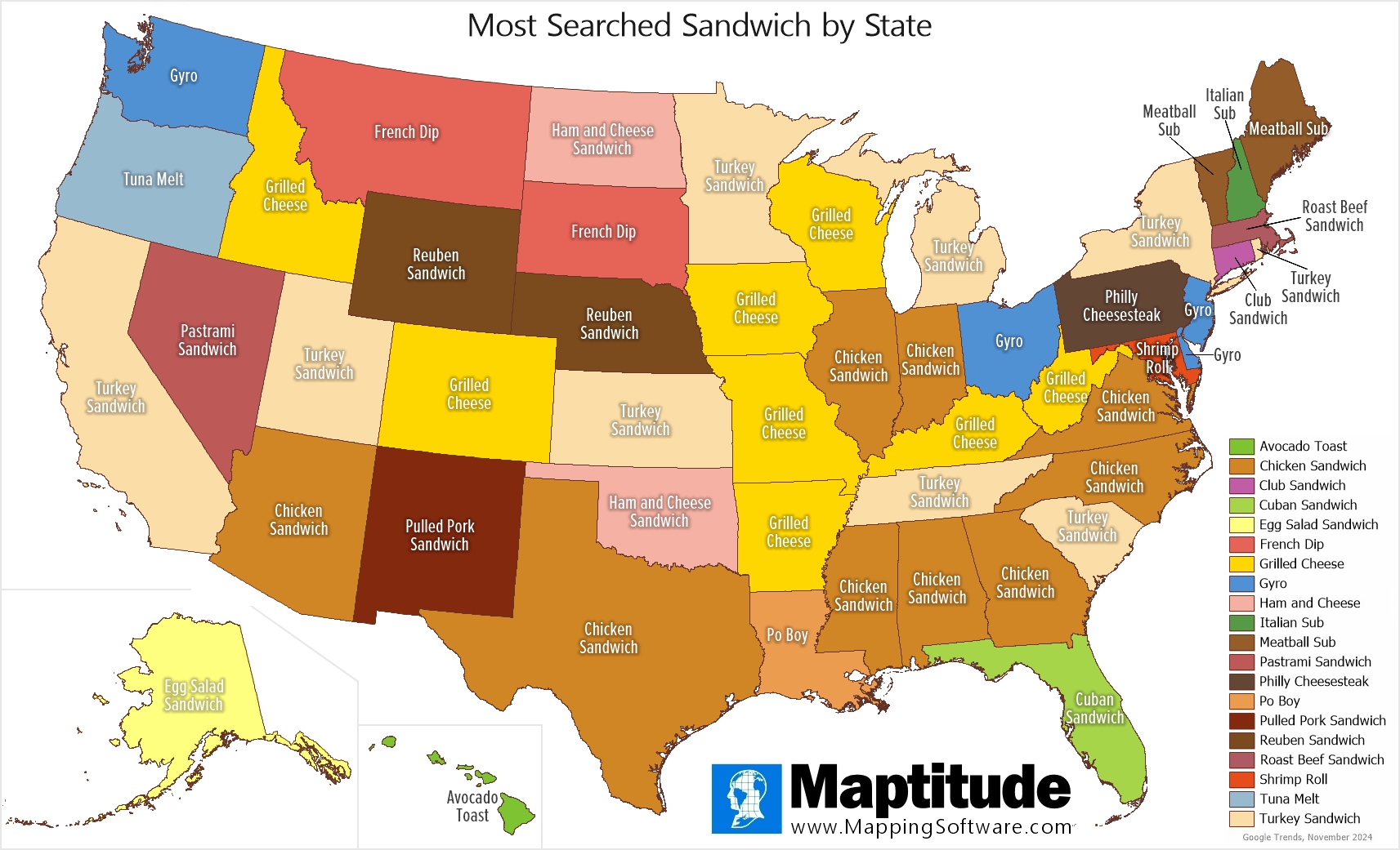 Maptitude mapping software infographic of most searched sandwich by state for November 3 National Sandwich Day