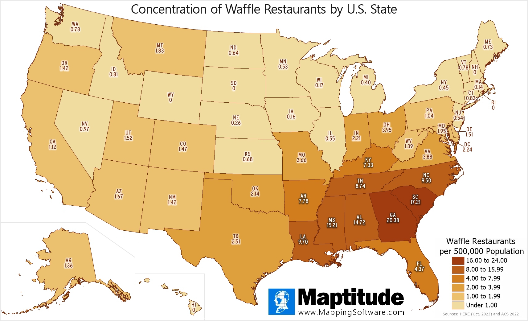 Maptitude mapping software infographic of waffle restaurants by state for August 24 National Waffle Day