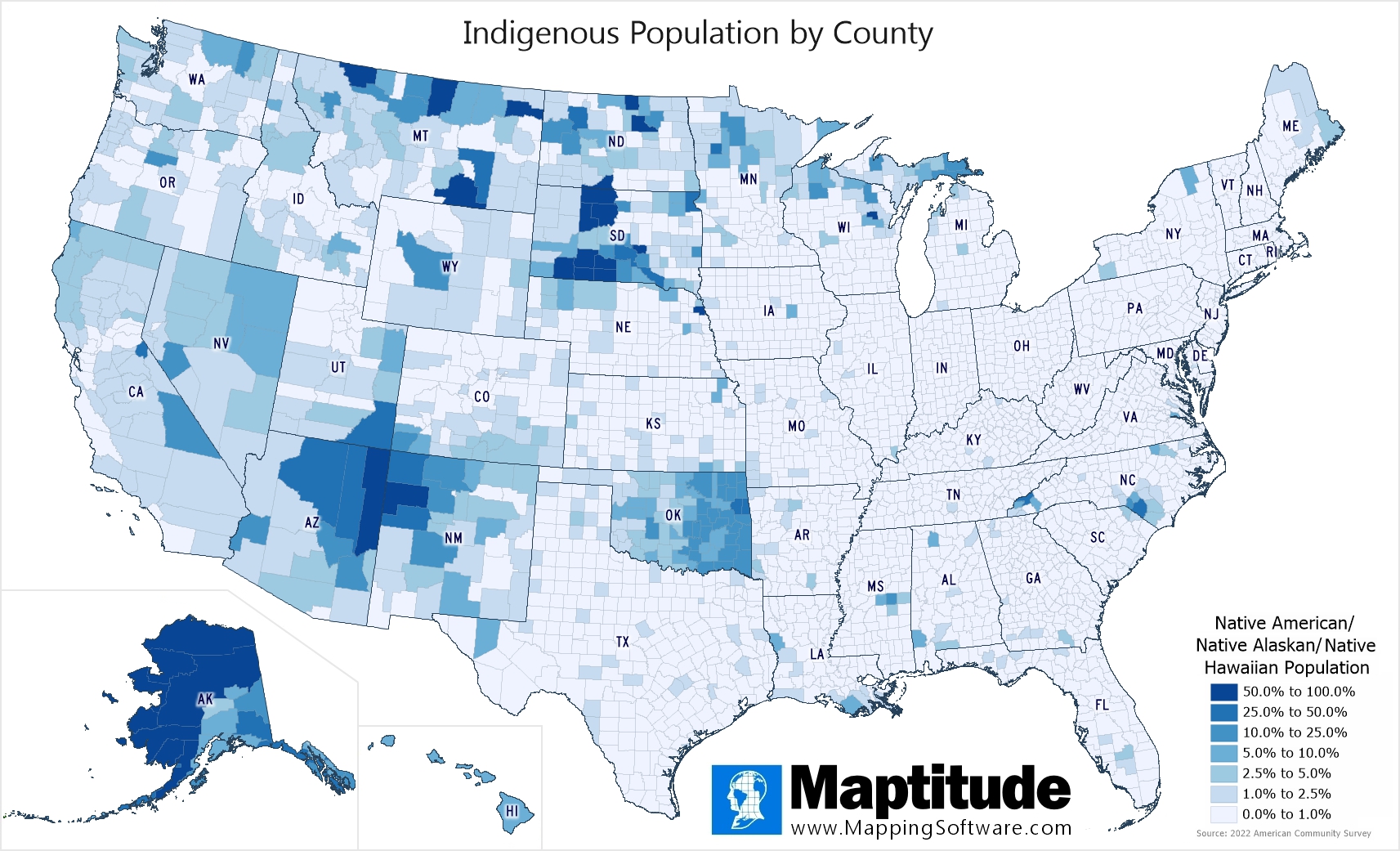 Maptitude mapping software infographic of indigenous population by county for Native American Day/Indigenous Persons Day