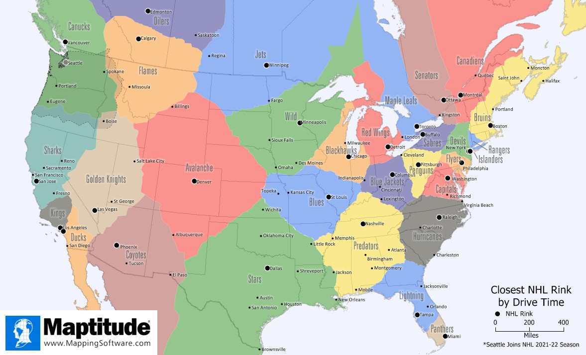 Map that shows where all 30 of the NHL teams are located