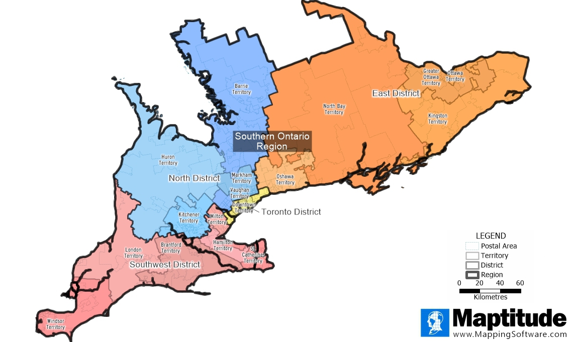 Maptitude mapping software infographic of hierarchical sales territories in Ontario, Canada