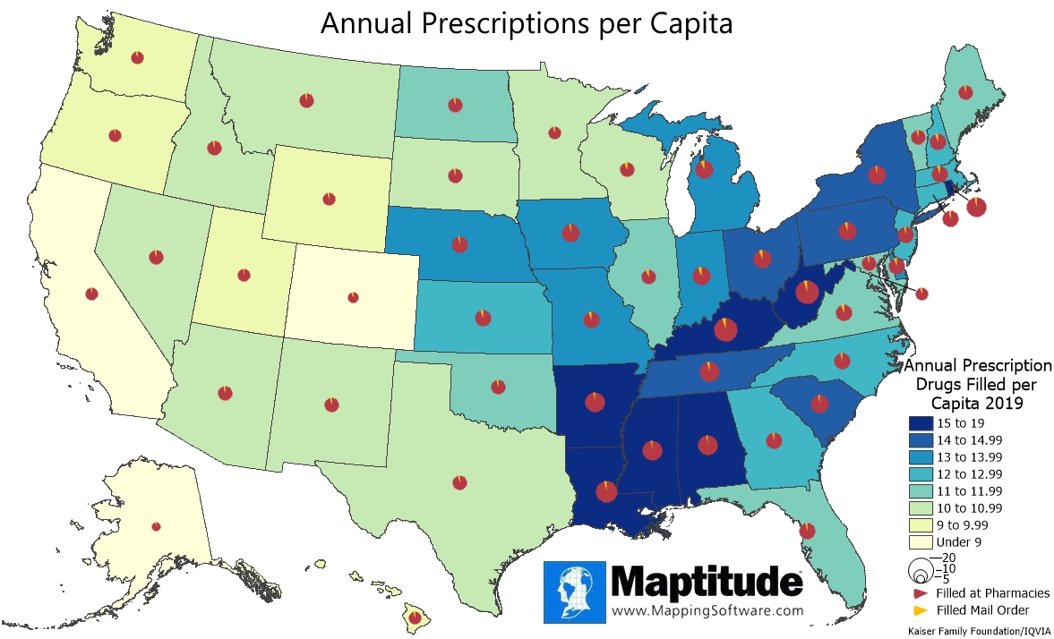 Maptitude mapping software map infographic of prescription drugs per capita by state 