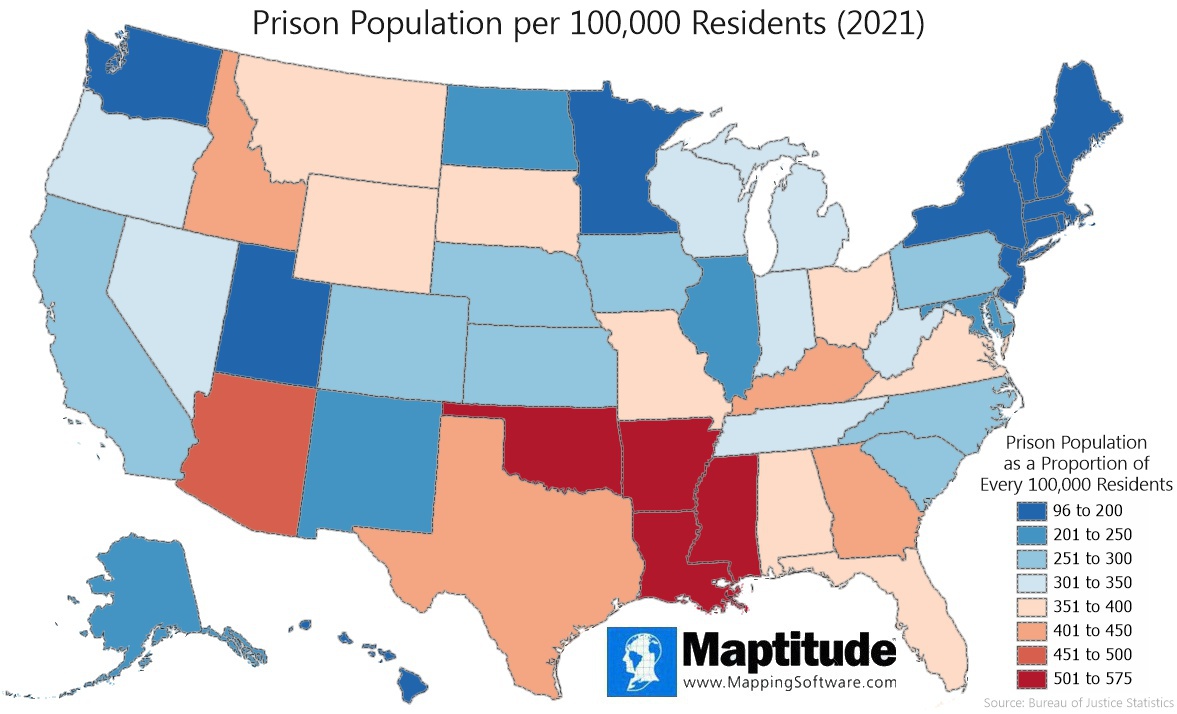 Maptitude mapping software infographic showing the prison population as a proportion of every 100,000 residents by state