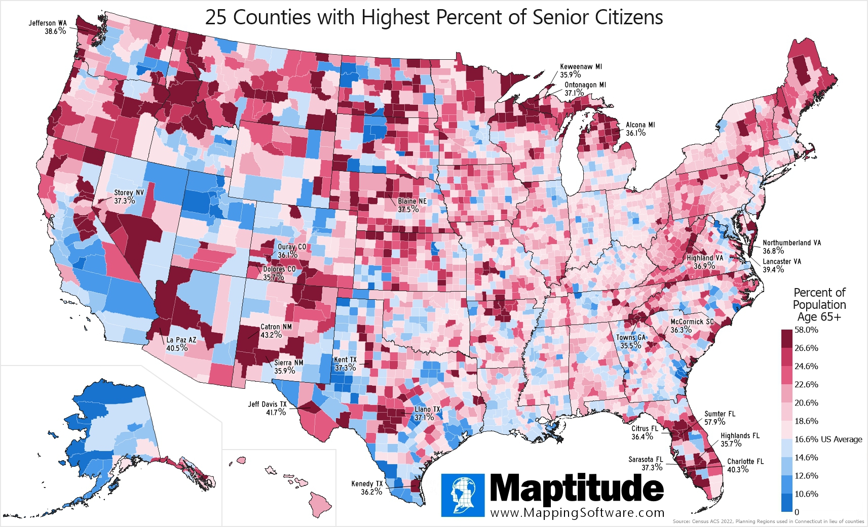 Maptitude mapping software infographic of senior citizen population by county for national senior citizens day (August 21)