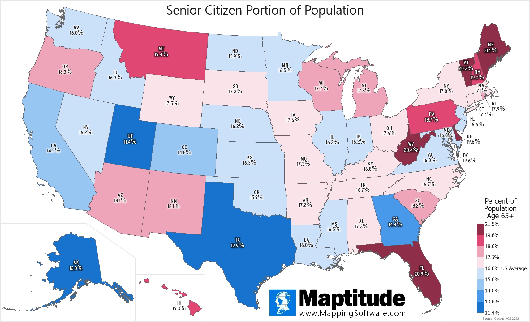 Maptitude mapping software infographic of senior citizen population by state for national senior citizens day (August 21)