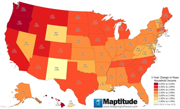 Maptitude Map of Change in Income by State