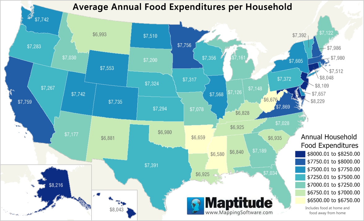 Maptitude map average annual household food expenditures by state