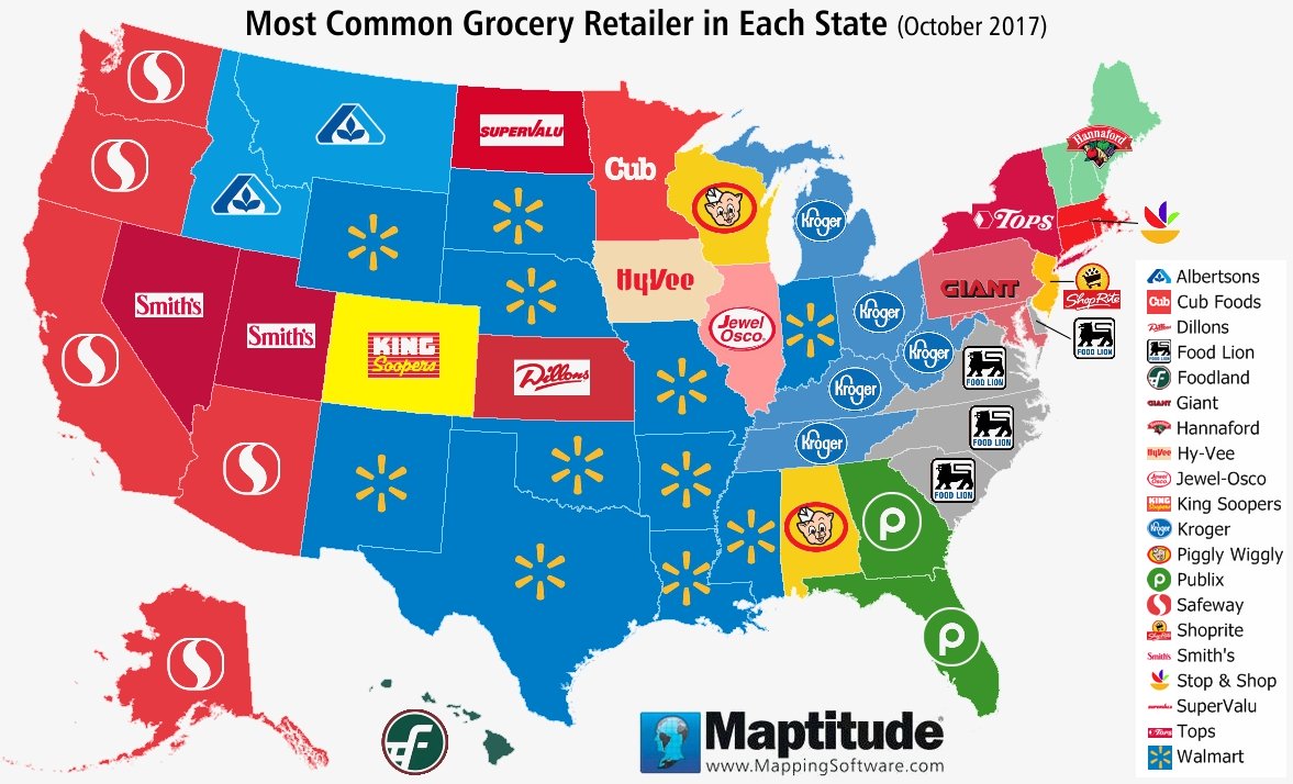 Maptitude map of most common grocery store chain in each state