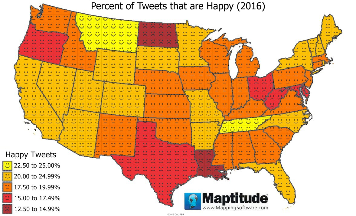 Maptitude map of happy tweets by state