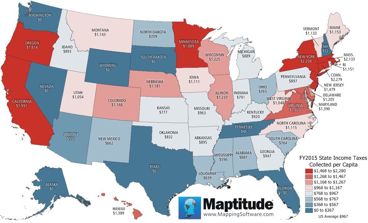 Maptitude Map Per Capita State Income Taxes