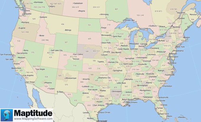 Maptitude map of area code boundaries