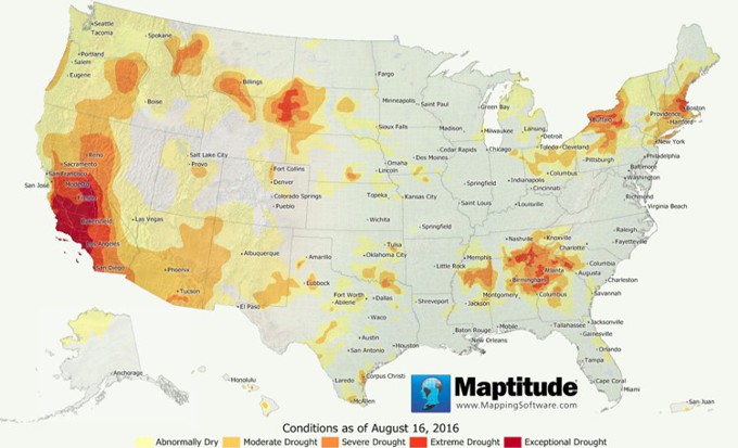Maptitude map showing U.S. drought conditions as of August 2016