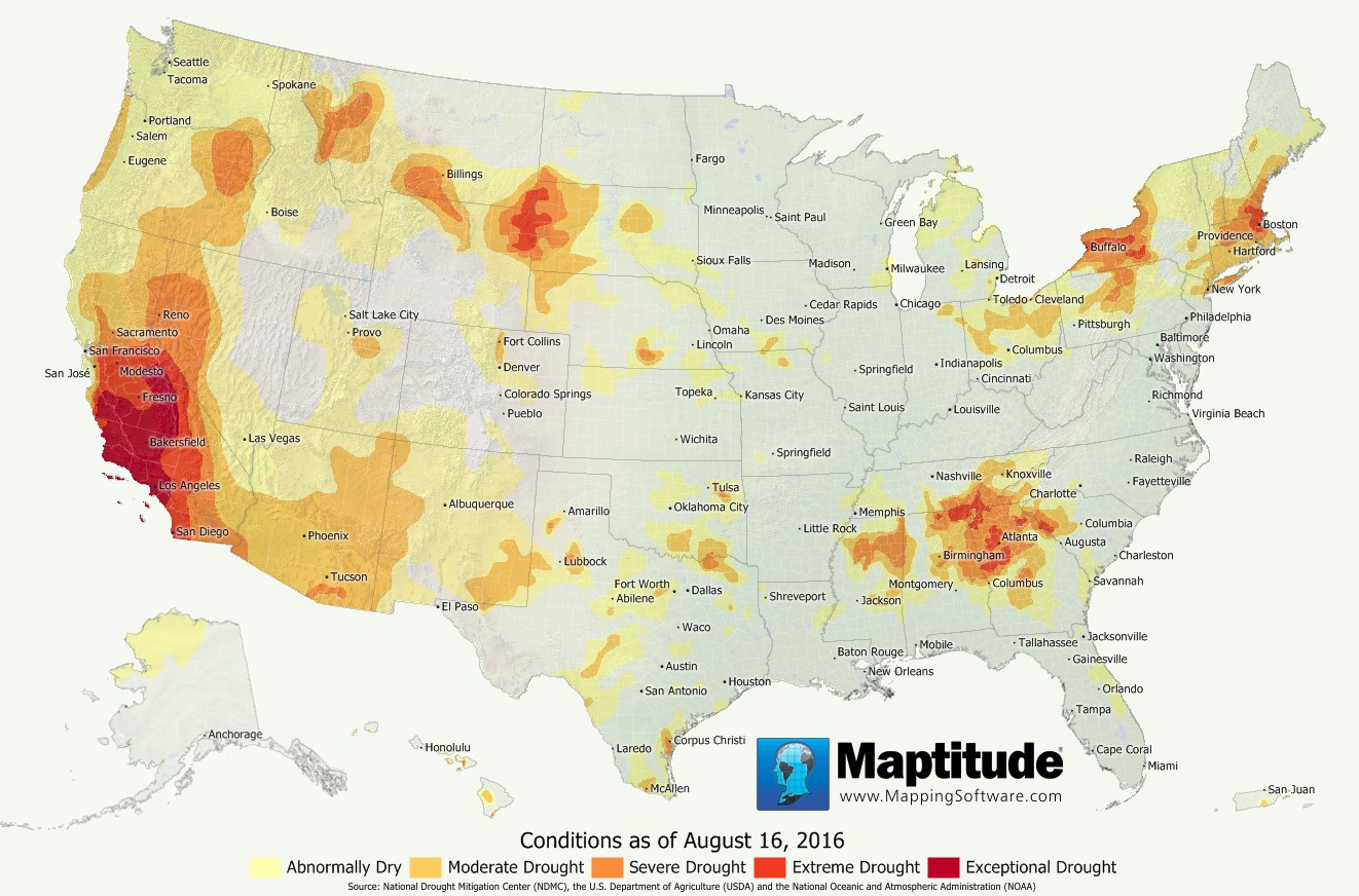 Maptitude map of U.S. drought conditions as of August 2016
