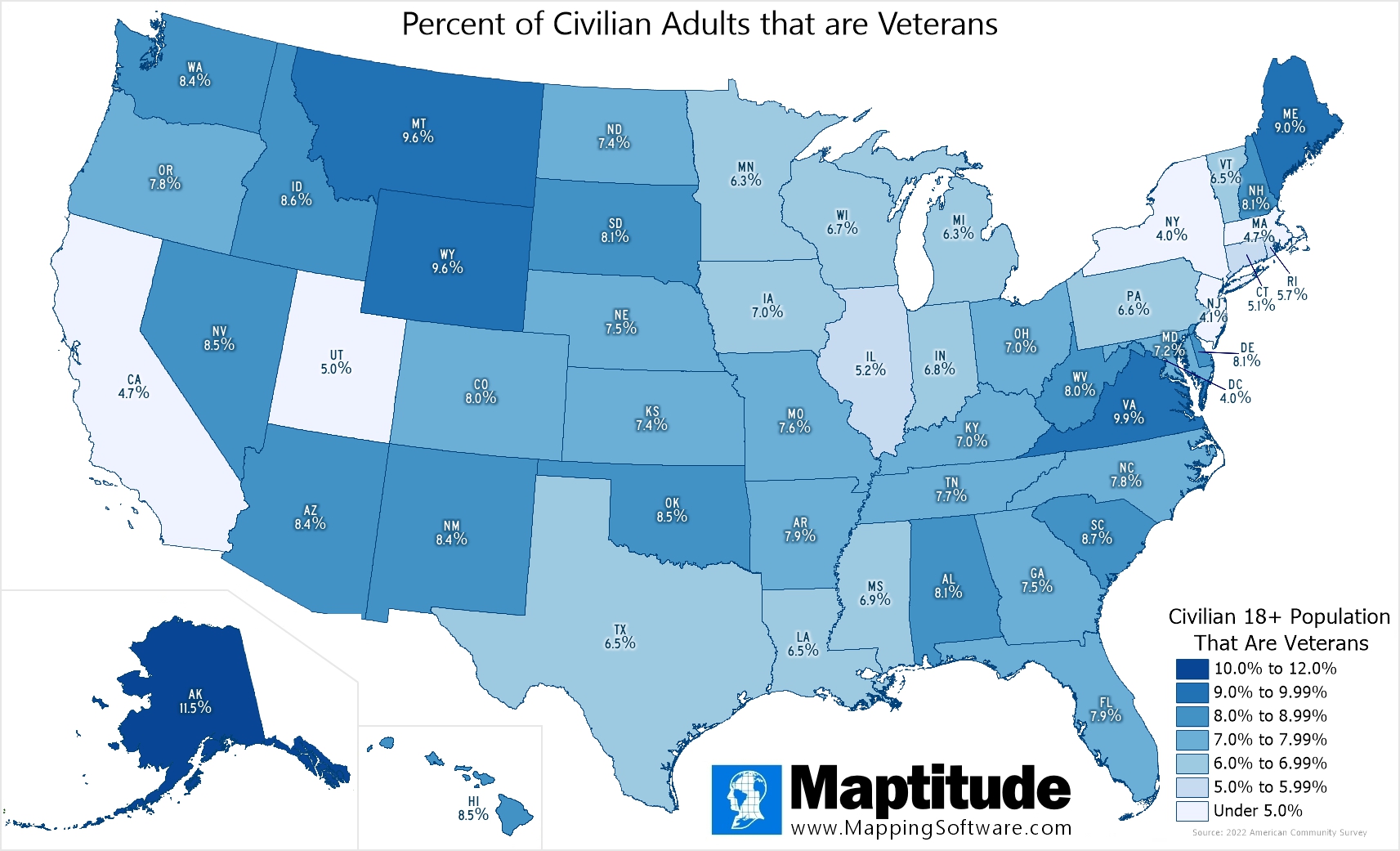 Maptitude mapping software infographic of percent of adult civilian population that are veterans