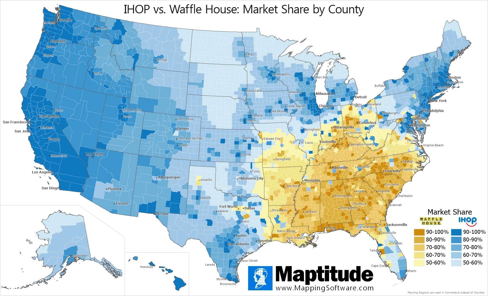 Maptitude mapping software infographic comparing the brand market share of IHOP vs. Waffle House by U.S. county