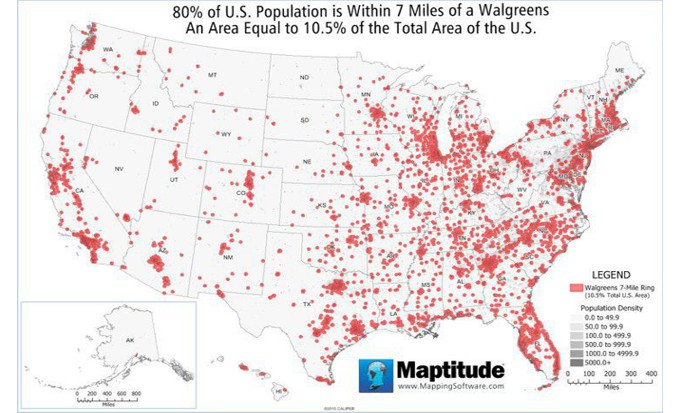 Maptitude map showing 80% of the U.S. population within 7 miles of a Walgreens