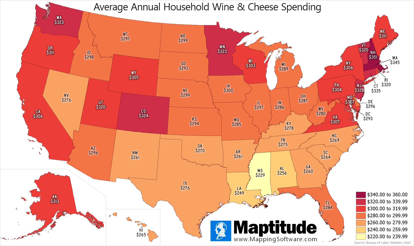 Maptitude mapping software infographic of wine and cheese spending by state for July 25 National Wine and Cheese Day