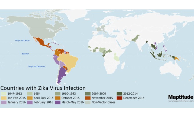 Maptitude map of the spread of zika virus by country from 1947 to May 2016