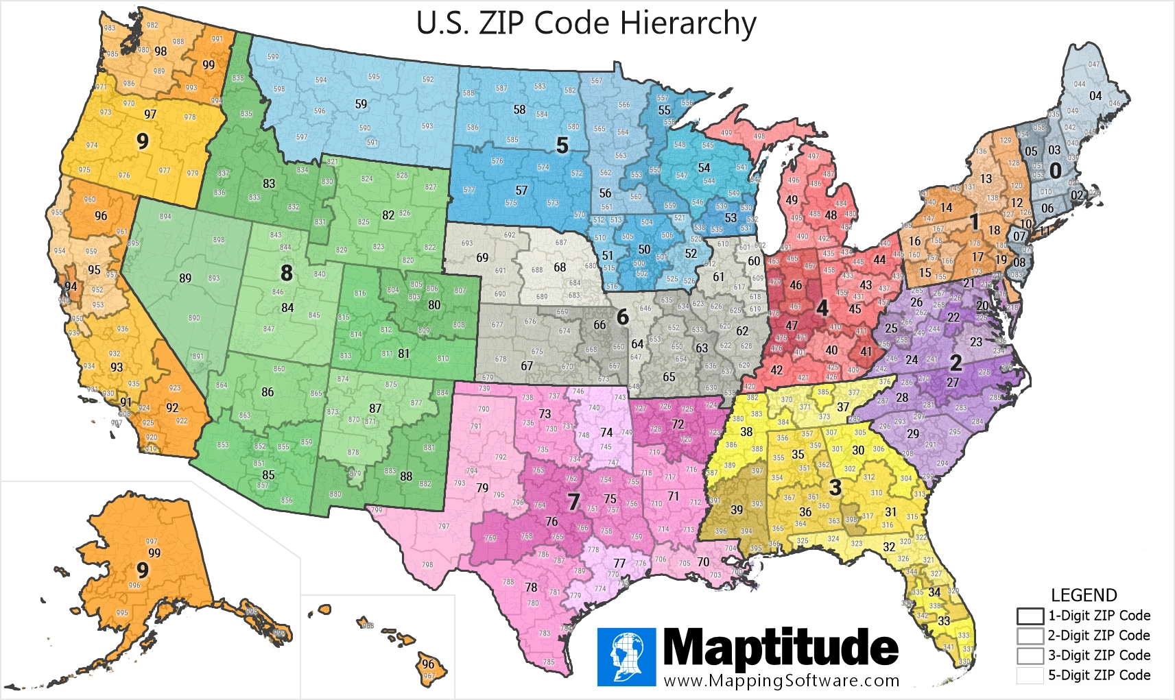 Maptitude mapping software infographic of Geographical Hierarchy of ZIP Codes