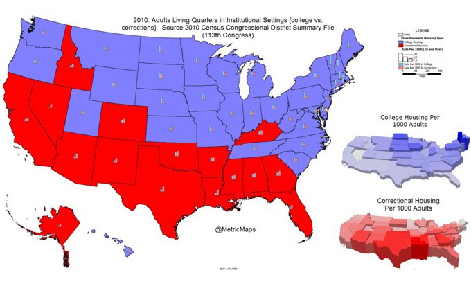 Map comparing population in college dorms to population in prison