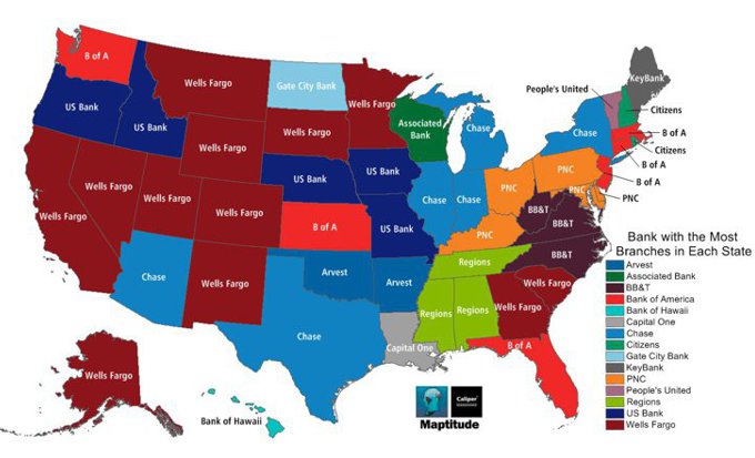 Maptitude mapping software map most common bank by state
