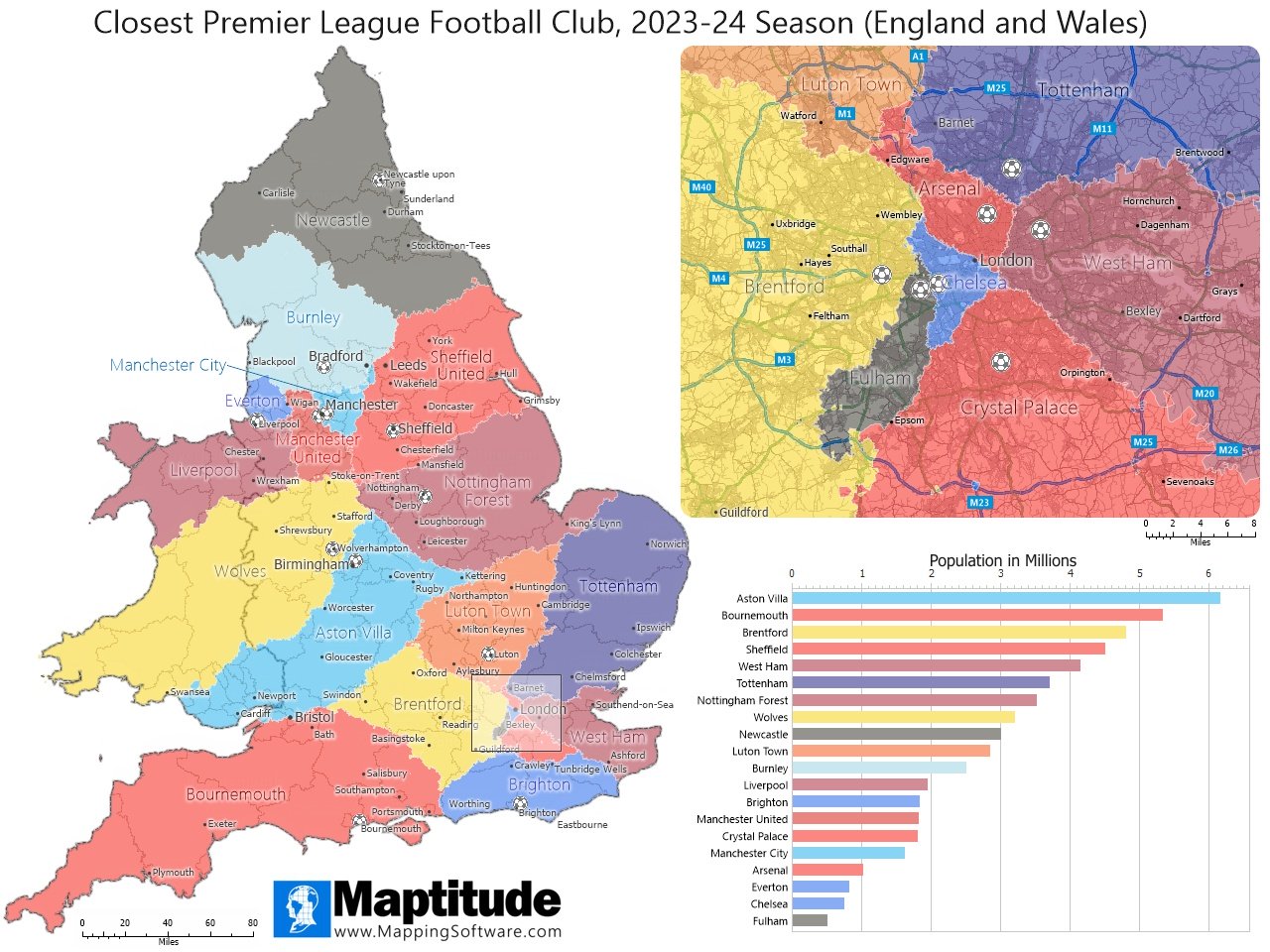 Maptitude Map Closest Premier League Football Club 202324