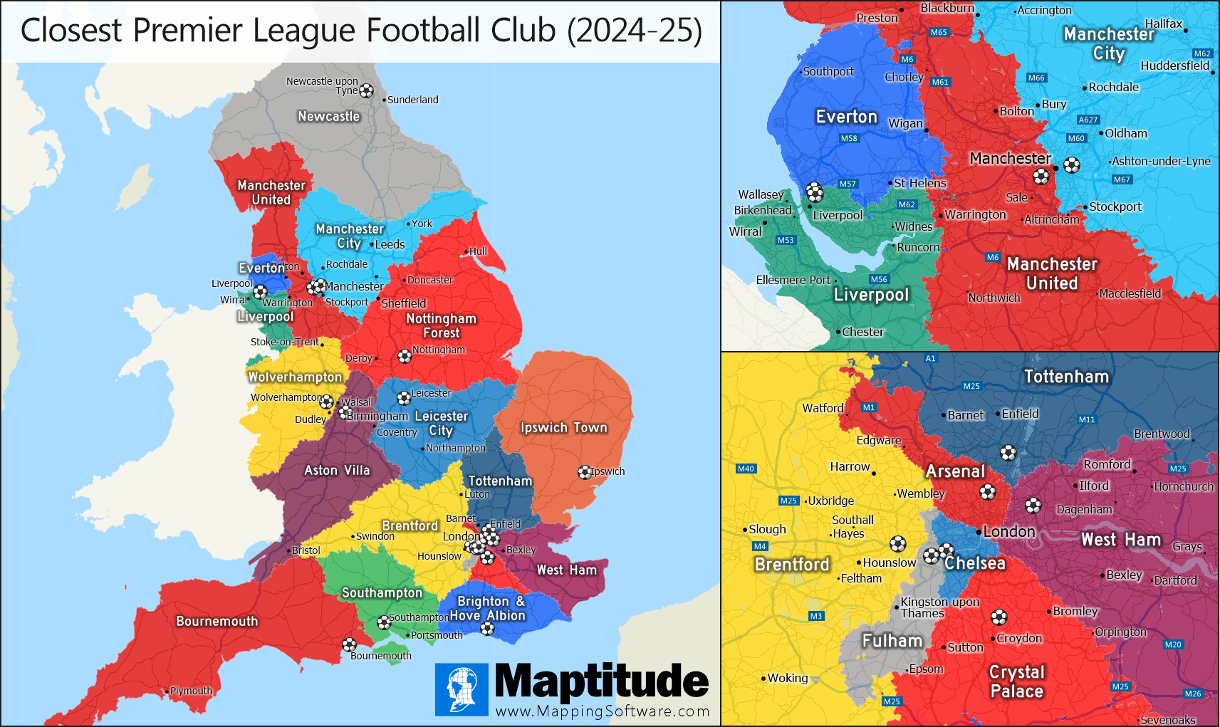 Maptitude map showing England divided into areas based on the closest Premier League football club by drive-time