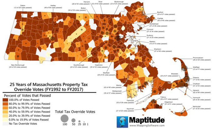 Maptitude map of the Massachusetts tax override votes