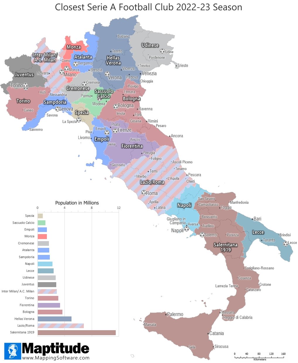 Maptitude mapping software infographic of Closest Serie A Football Club