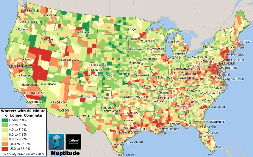 Map of U.S. counties with long commutes