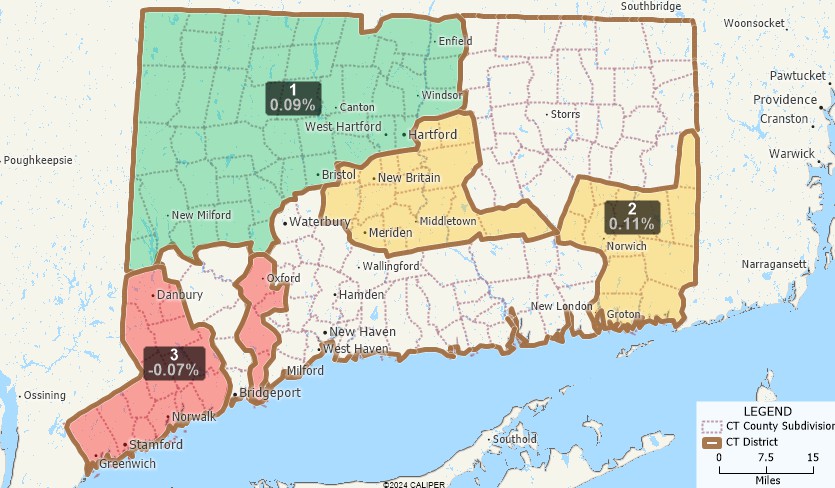 What is contiguity? Map of districts that are contiguous and not contiguous.