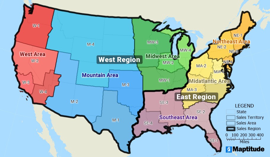 Map of the United States divided into sales regions, that are divided into sales areas, that are divided into sales territories