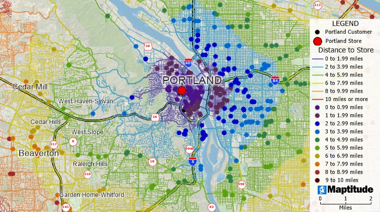What is proximity analysis: Map showing streets and customers with a color theme indicating their proximity to a centrally located store