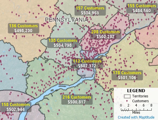 Sales territory mapping by ZIP Code showing balanced franchise territories created with Maptitude territory optimization software