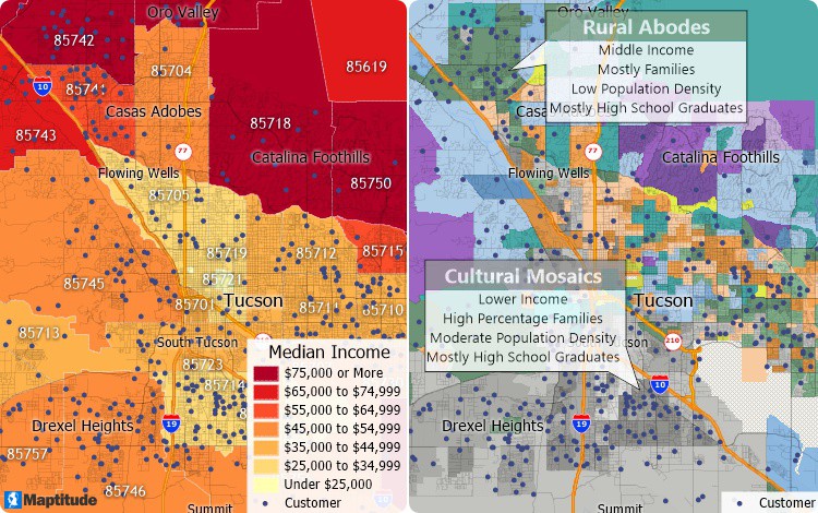 Maptitude maps of customers and demographic characteristics