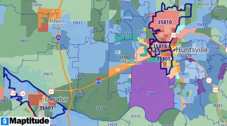 Map of customer segmentation with ZIP Codes of similar demographics highlighted