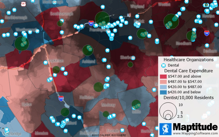 Maptitude map of dentist locations, dental expenditures, and coverage gaps