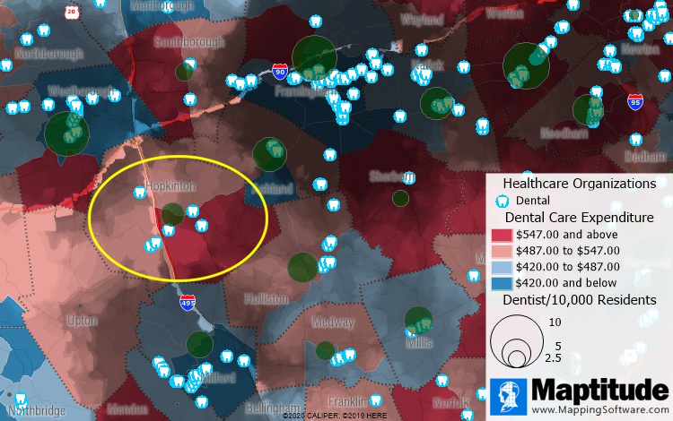 Maptitude map of dentist locations, dental expenditures, and coverage gaps