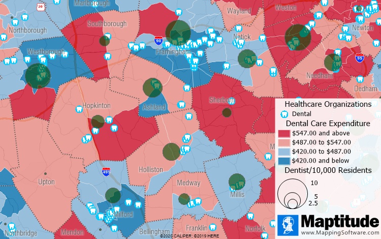 Maptitude map of dentist locations and dental expenditures