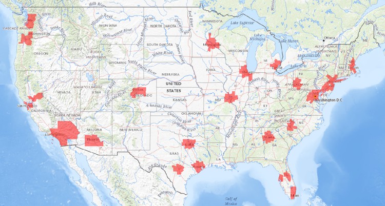 Half of all Americans live in the 27 urban areas highlighted on the map