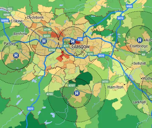 Maptitude map buffers around hospitals