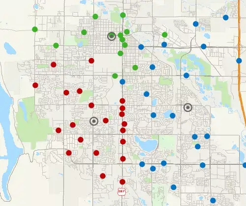 Maptitude map of customers clustered with a maximum number of units capacity