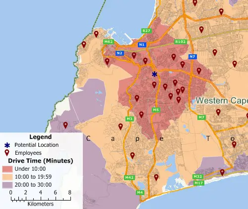 Maptitude GIS map of 10-minute drive time rings around two sites