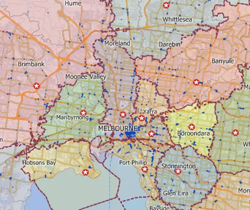 Maptitude GIS map of territories based on drive-time to nearest hospital